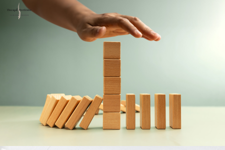 Hand stoppt umfallende Dominosteine – Symbolbild für Prävention und Stabilität in der Therapie